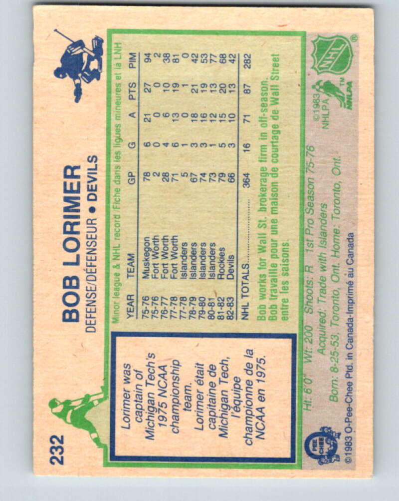 1983-84 O-Pee-Chee #232 Bob Lorimer New Jersey Devils V27476