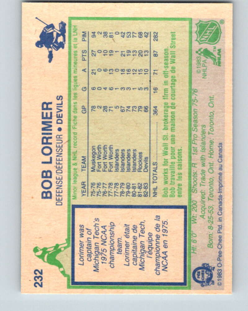 1983-84 O-Pee-Chee #232 Bob Lorimer New Jersey Devils V27477