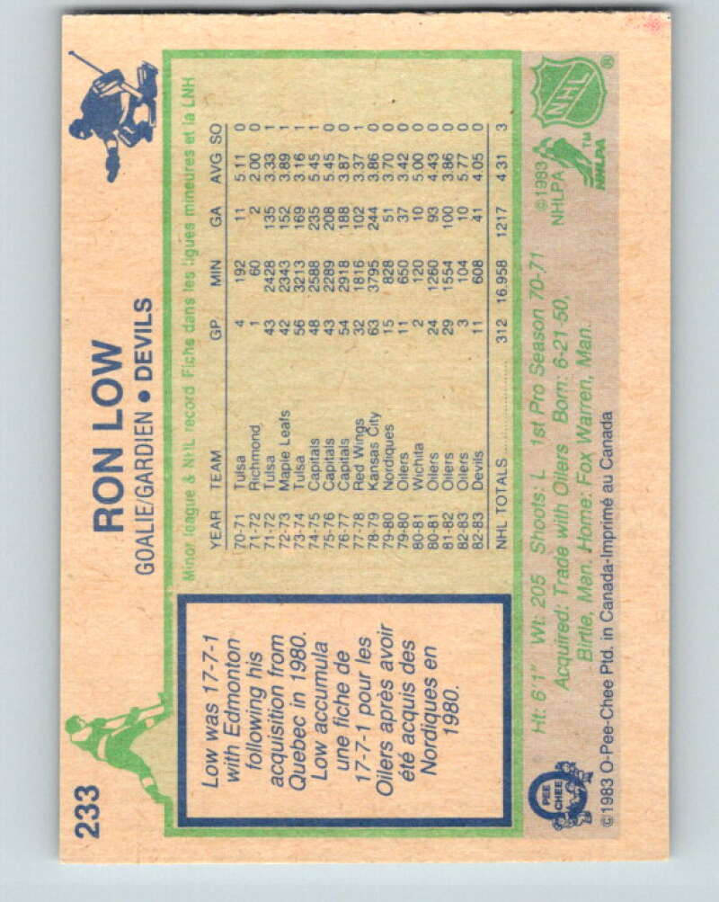 1983-84 O-Pee-Chee #233 Ron Low New Jersey Devils V27478