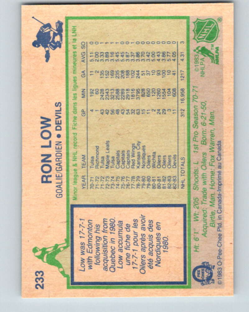 1983-84 O-Pee-Chee #233 Ron Low New Jersey Devils V27479
