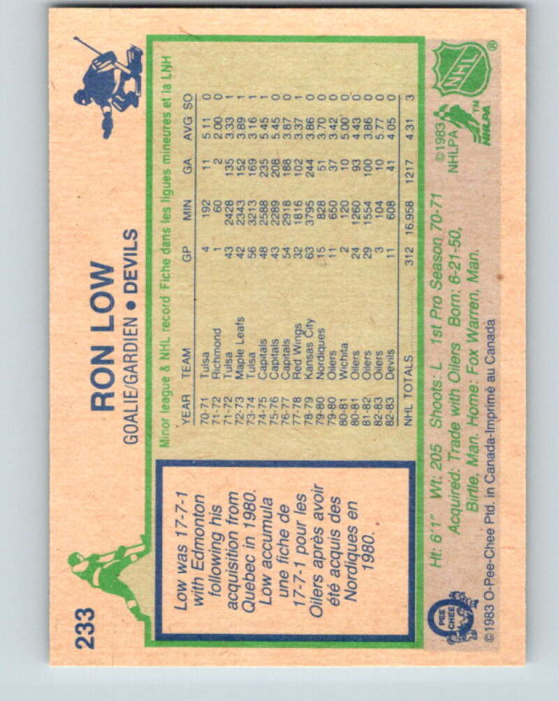 1983-84 O-Pee-Chee #233 Ron Low New Jersey Devils V27481