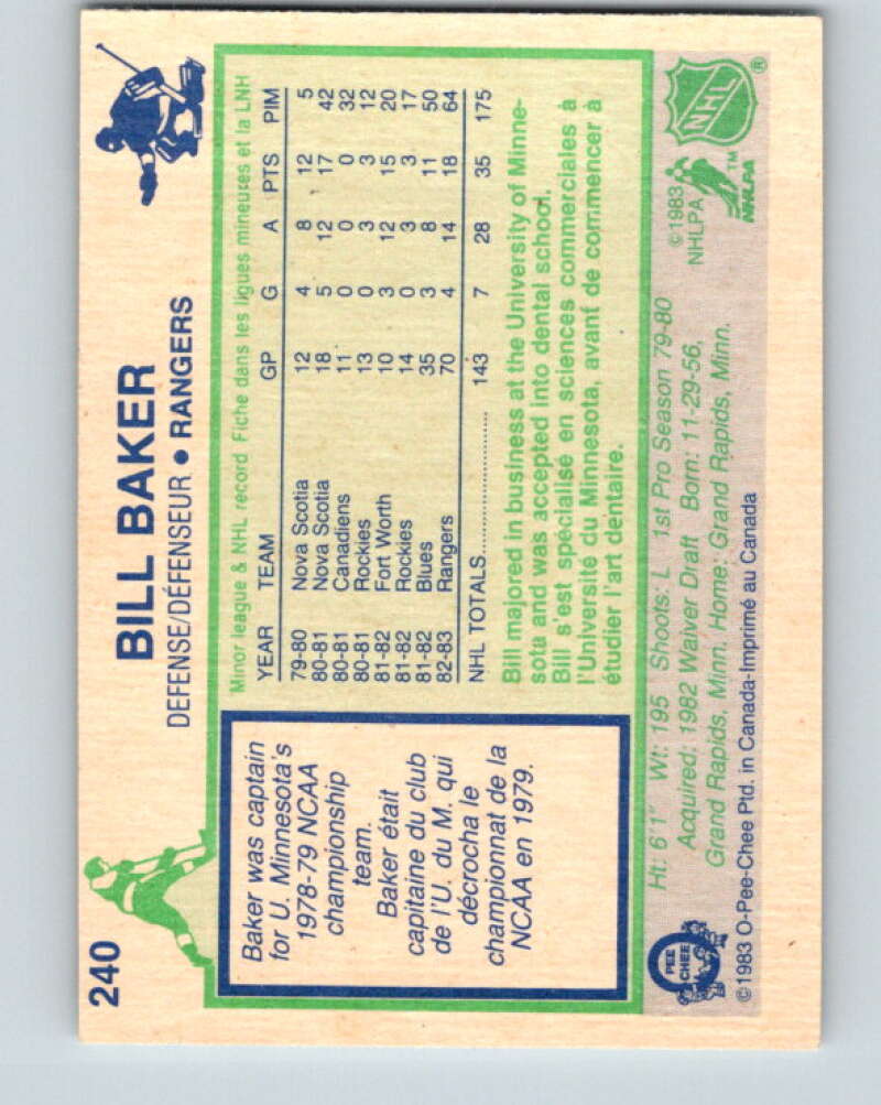 1983-84 O-Pee-Chee #240 Bill Baker RC Rookie New York Rangers V27504