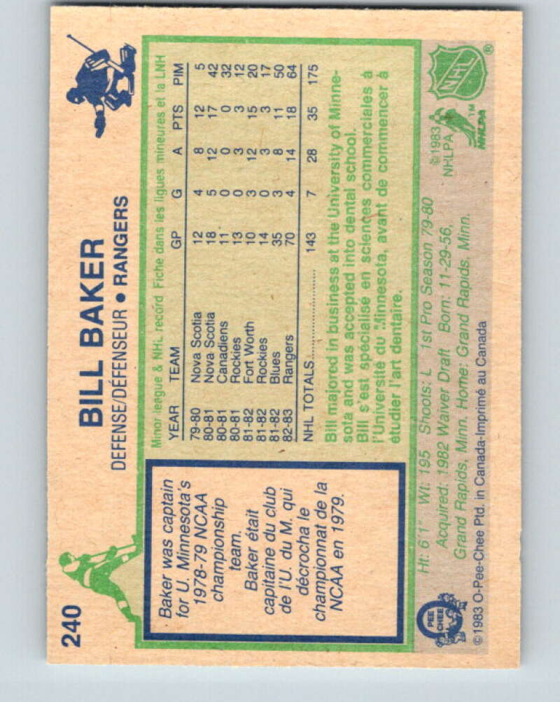 1983-84 O-Pee-Chee #240 Bill Baker RC Rookie New York Rangers V27506