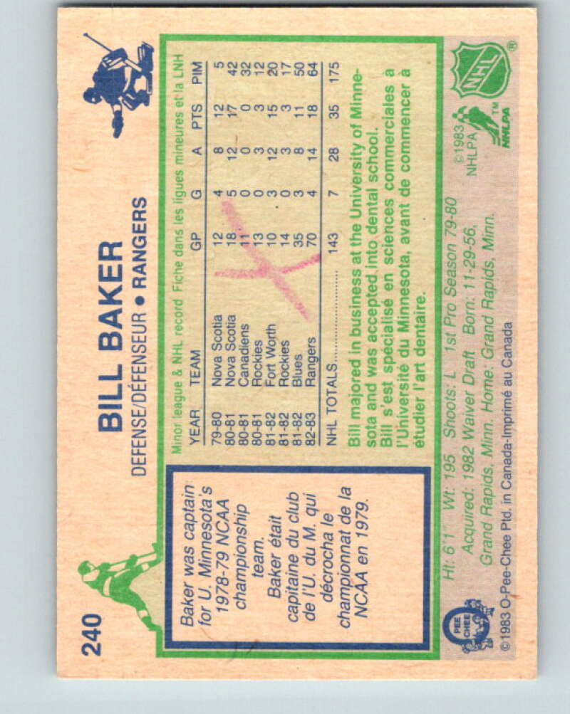 1983-84 O-Pee-Chee #240 Bill Baker RC Rookie New York Rangers V27507