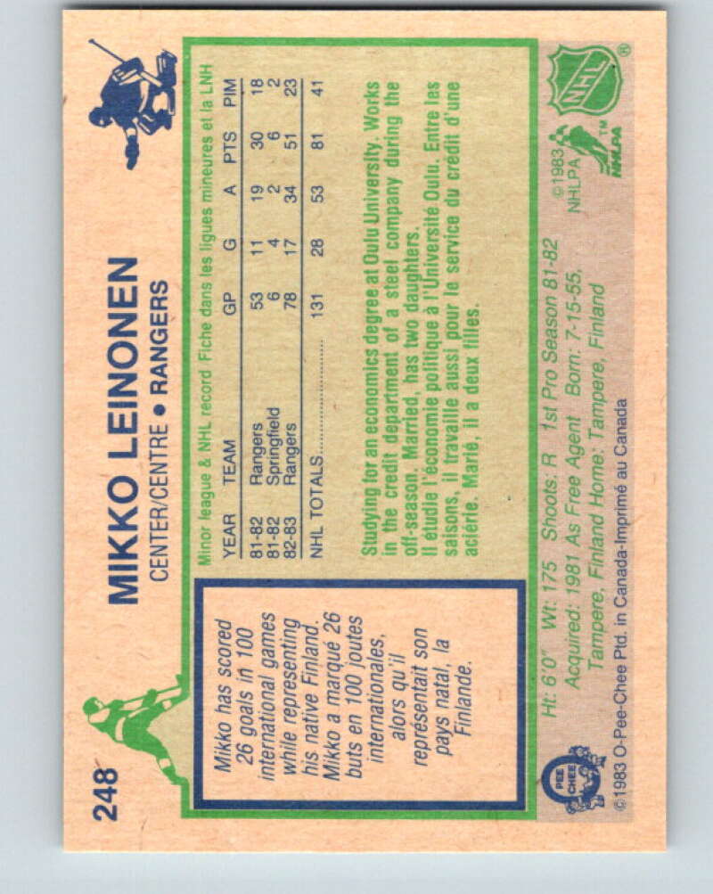 1983-84 O-Pee-Chee #248 Mikko Leinonen New York Rangers V27543