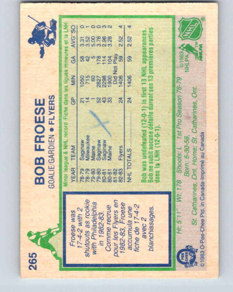 1983-84 O-Pee-Chee #265 Bob Froese RC Rookie Philadelphia Flyers V27597