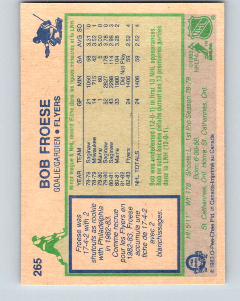 1983-84 O-Pee-Chee #265 Bob Froese RC Rookie Philadelphia Flyers V27599
