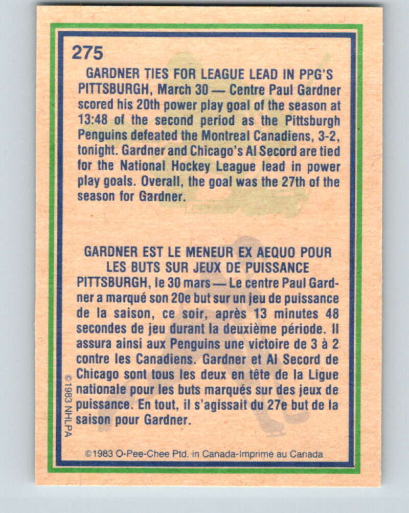 1983-84 O-Pee-Chee #275 Paul Gardner HL Pittsburgh Penguins V27632