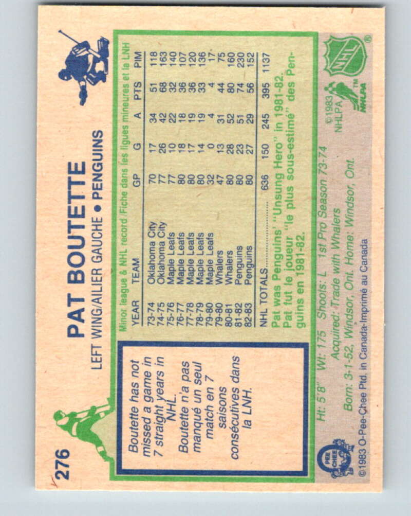 1983-84 O-Pee-Chee #276 Pat Boutette Pittsburgh Penguins V27634
