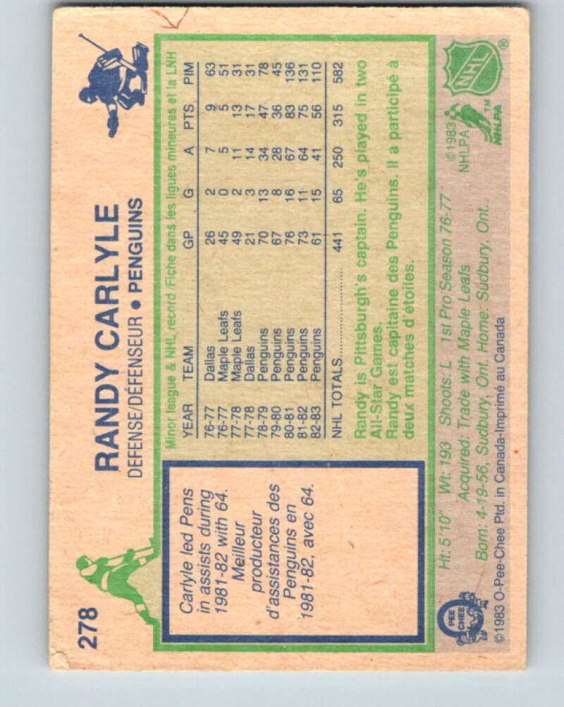 1983-84 O-Pee-Chee #278 Randy Carlyle Pittsburgh Penguins V27640