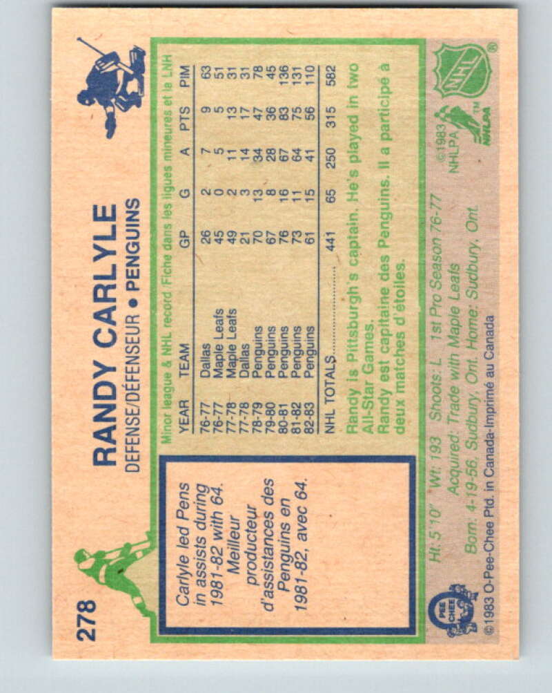 1983-84 O-Pee-Chee #278 Randy Carlyle Pittsburgh Penguins V27642