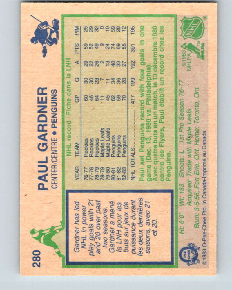 1983-84 O-Pee-Chee #280 Paul Gardner Pittsburgh Penguins V27649