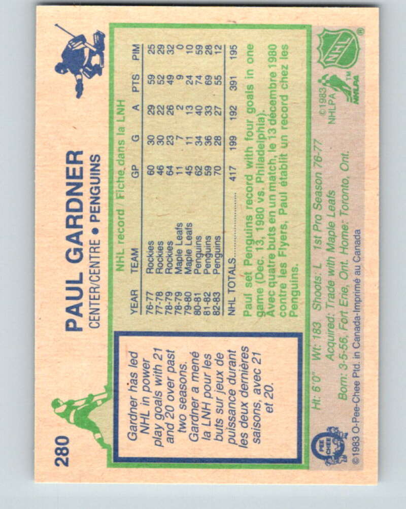 1983-84 O-Pee-Chee #280 Paul Gardner Pittsburgh Penguins V27650