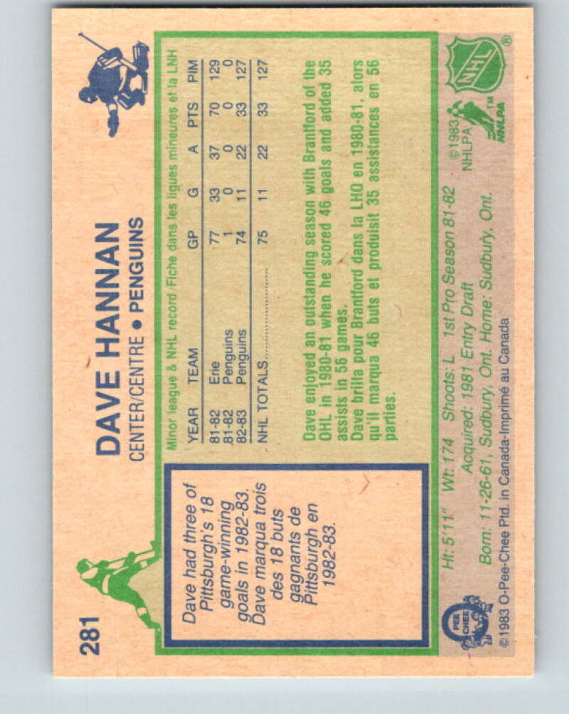 1983-84 O-Pee-Chee #281 Dave Hannan RC Rookie Penguins V27654
