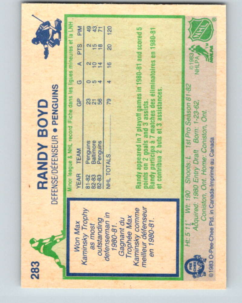 1983-84 O-Pee-Chee #283 Randy Boyd RC Rookie Penguins V27659