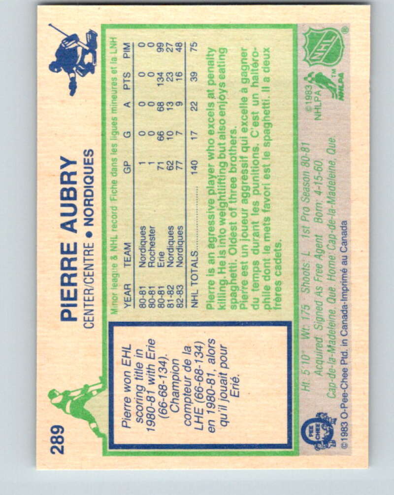 1983-84 O-Pee-Chee #289 Pierre Aubry Quebec Nordiques V27682