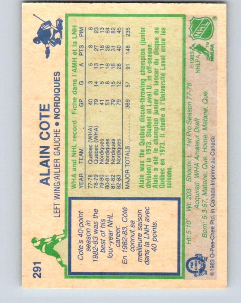 1983-84 O-Pee-Chee #291 Alain Cote Quebec Nordiques V27686