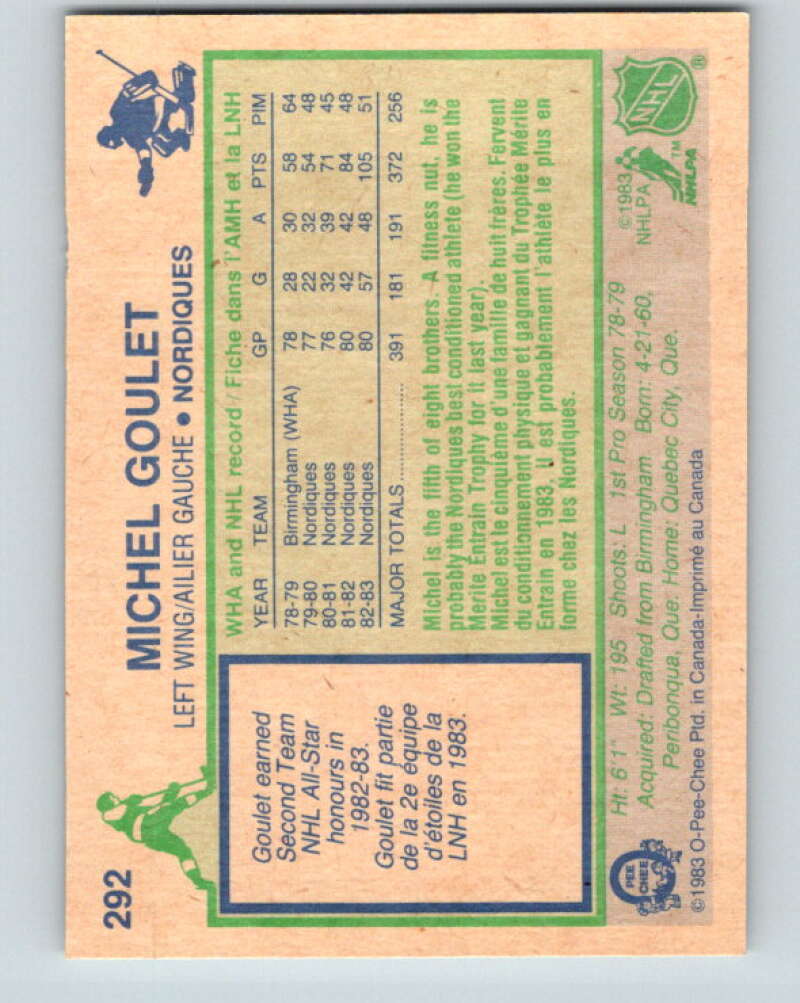 1983-84 O-Pee-Chee #292 Michel Goulet Quebec Nordiques V27692