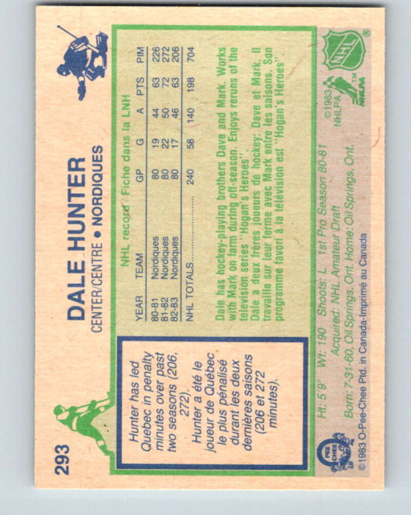 1983-84 O-Pee-Chee #293 Dale Hunter Quebec Nordiques V27699