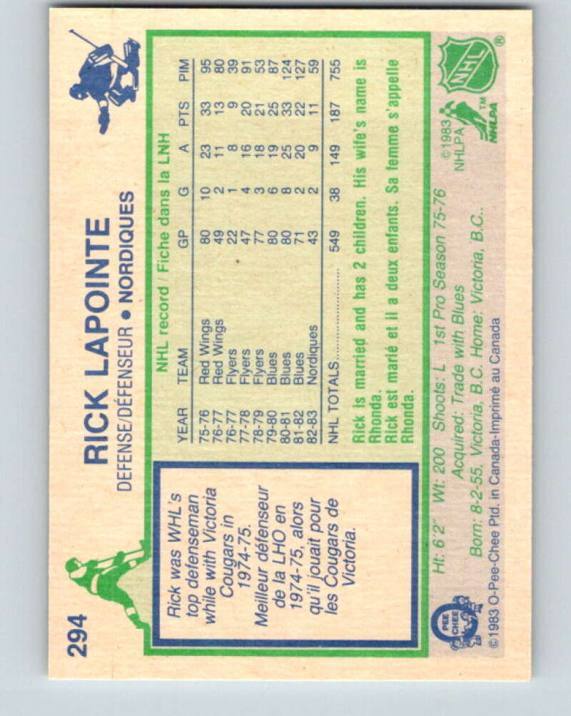 1983-84 O-Pee-Chee #294 Rick Lapointe Quebec Nordiques V27700