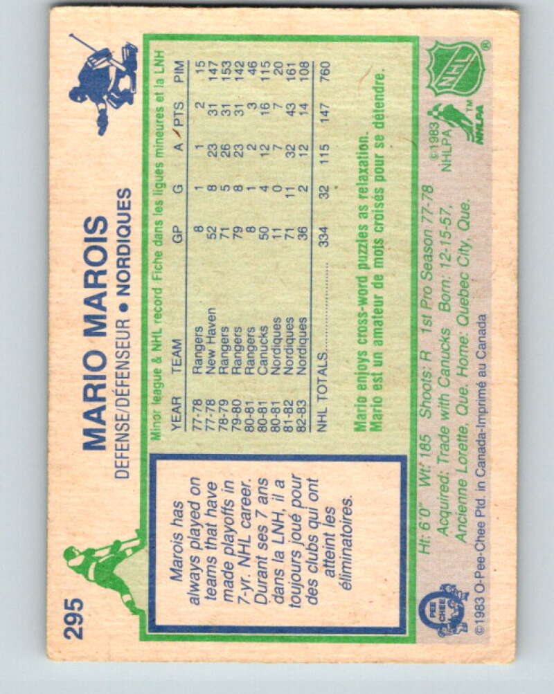 1983-84 O-Pee-Chee #295 Mario Marois Quebec Nordiques V27702