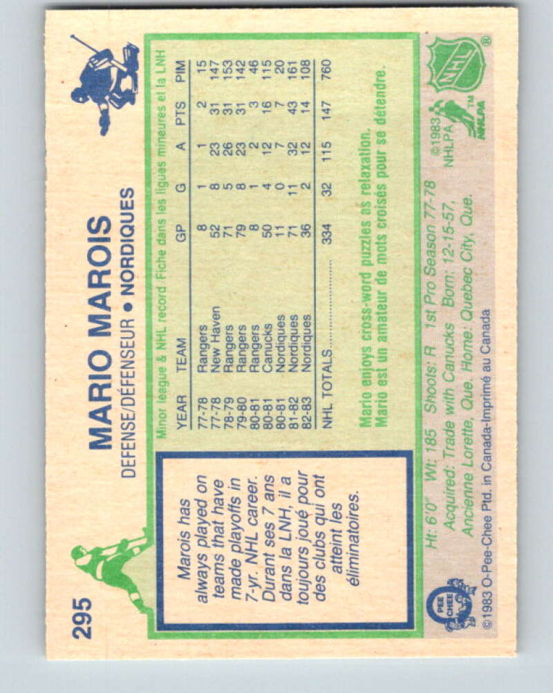 1983-84 O-Pee-Chee #295 Mario Marois Quebec Nordiques V27703