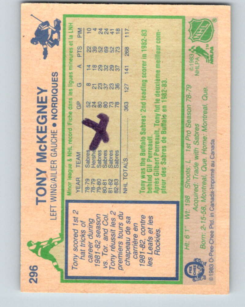 1983-84 O-Pee-Chee #296 Tony McKegney Quebec Nordiques V27704