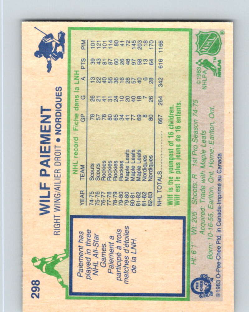 1983-84 O-Pee-Chee #298 Wilf Paiement Quebec Nordiques V27711