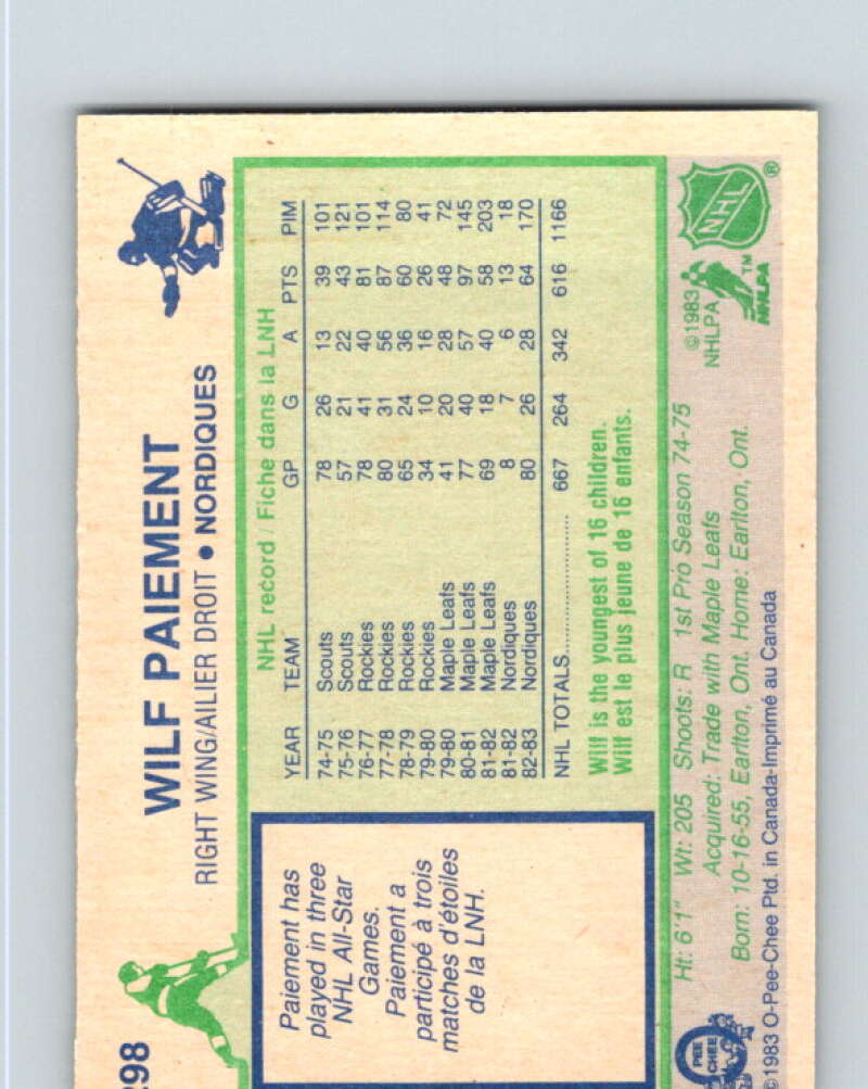 1983-84 O-Pee-Chee #298 Wilf Paiement Quebec Nordiques V27712