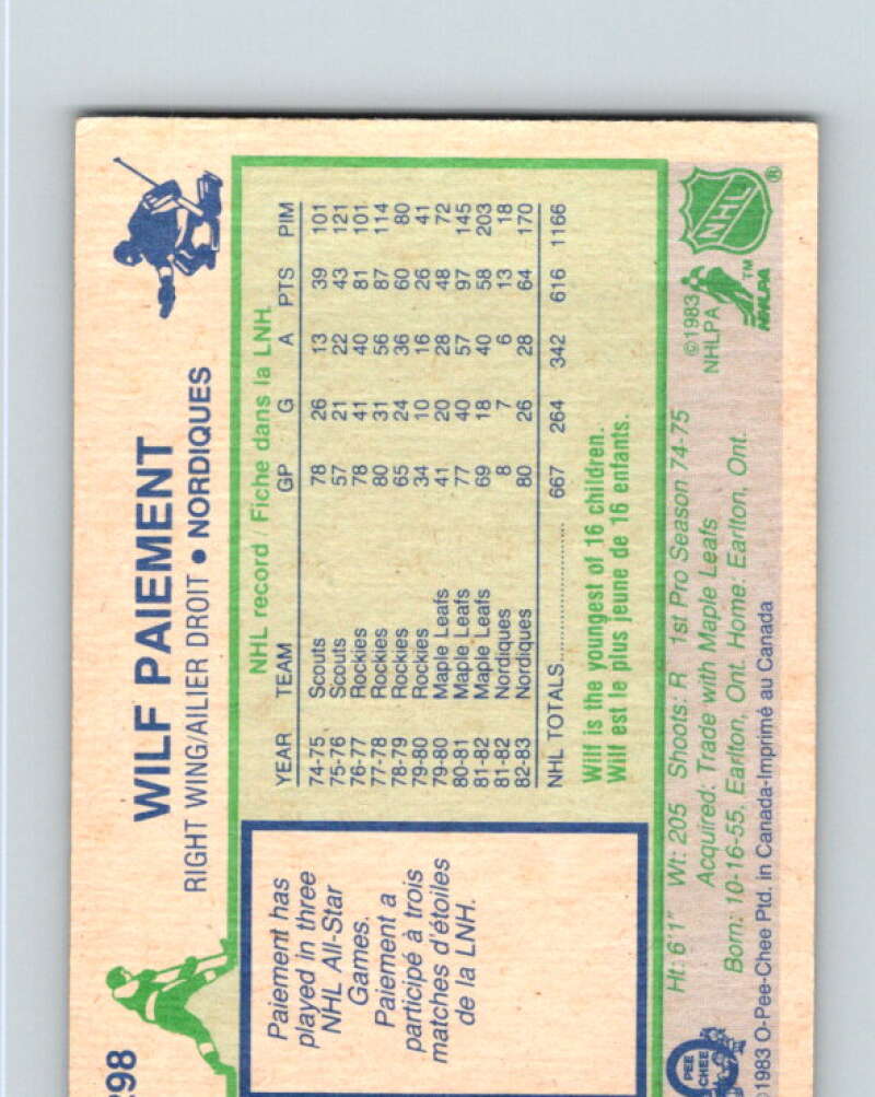 1983-84 O-Pee-Chee #298 Wilf Paiement Quebec Nordiques V27714