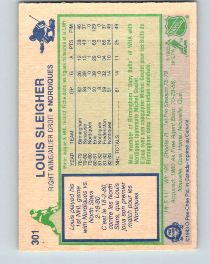 1983-84 O-Pee-Chee #301 Louis Sleigher RC Rookie Nordiques V27723