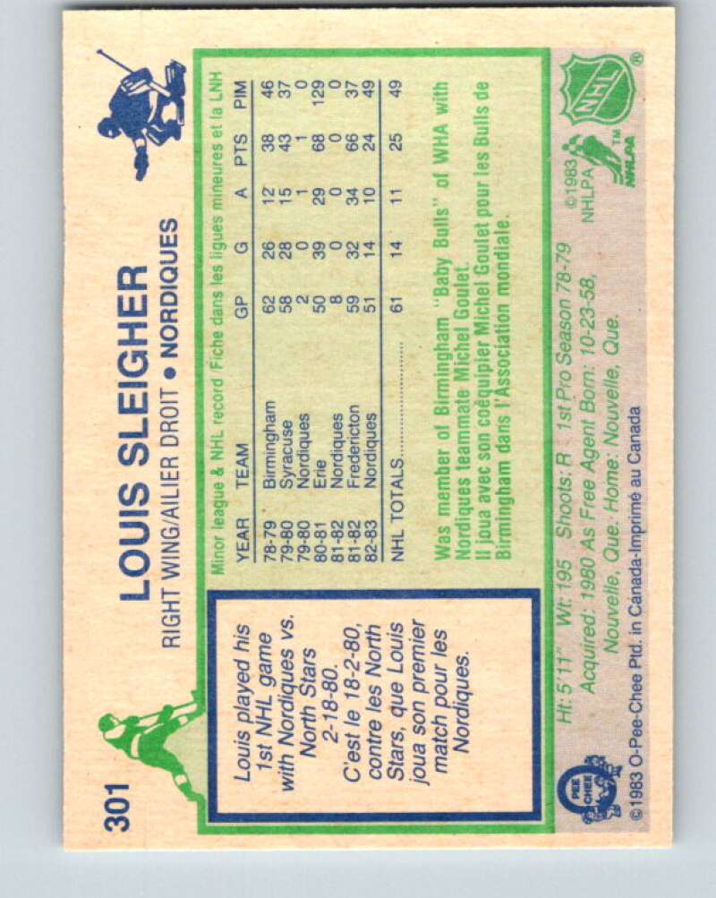 1983-84 O-Pee-Chee #301 Louis Sleigher RC Rookie Nordiques V27724