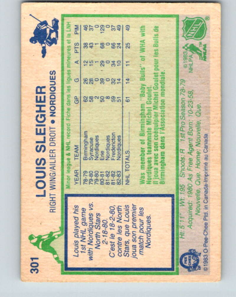 1983-84 O-Pee-Chee #301 Louis Sleigher RC Rookie Nordiques V27725