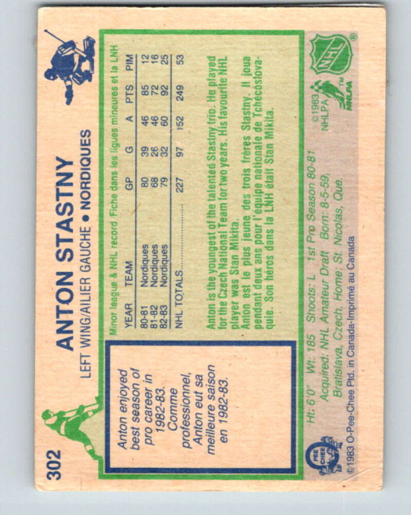1983-84 O-Pee-Chee #302 Anton Stastny Quebec Nordiques V27727