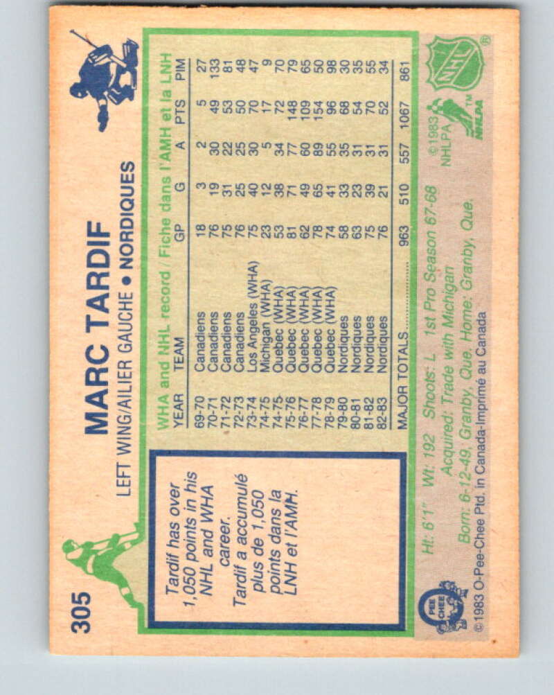 1983-84 O-Pee-Chee #305 Marc Tardif Quebec Nordiques V27737
