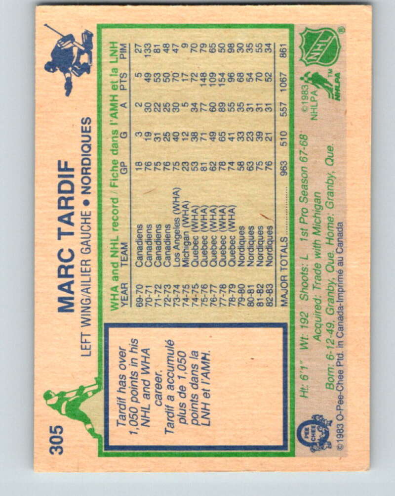 1983-84 O-Pee-Chee #305 Marc Tardif Quebec Nordiques V27739