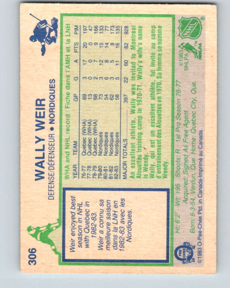 1983-84 O-Pee-Chee #306 Wally Weir Quebec Nordiques V27742