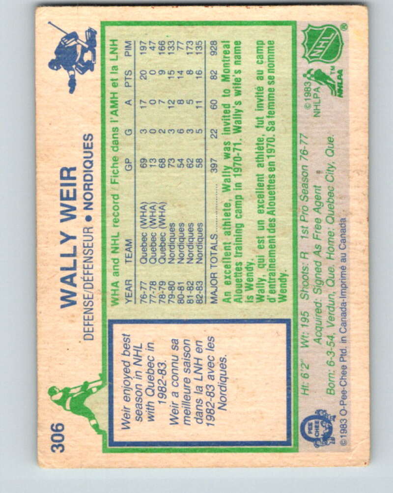 1983-84 O-Pee-Chee #306 Wally Weir Quebec Nordiques V27743