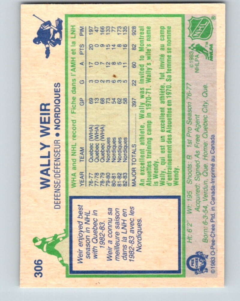 1983-84 O-Pee-Chee #306 Wally Weir Quebec Nordiques V27744