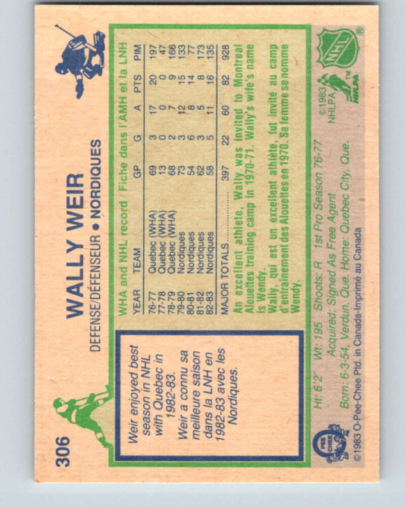 1983-84 O-Pee-Chee #306 Wally Weir Quebec Nordiques V27745