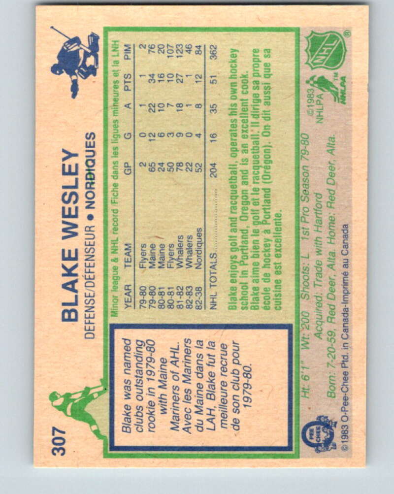 1983-84 O-Pee-Chee #307 Blake Wesley UER Quebec Nordiques V27747
