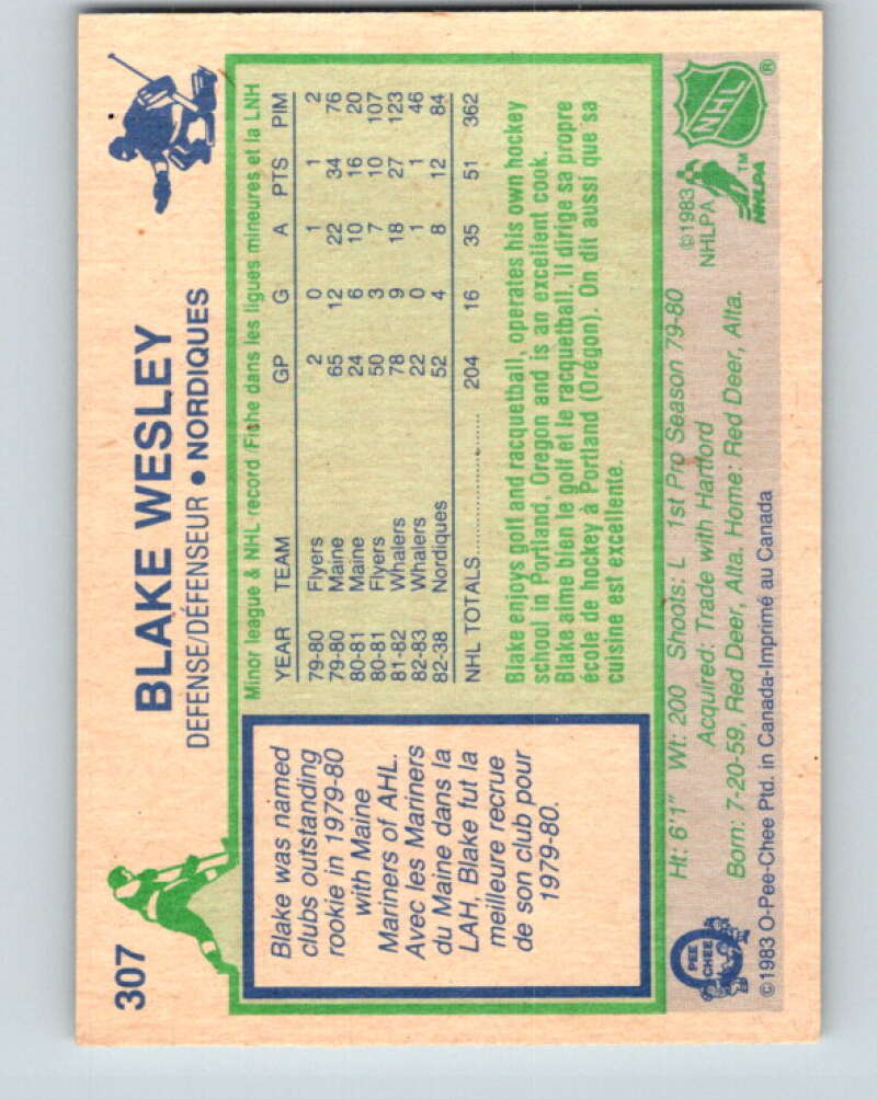 1983-84 O-Pee-Chee #307 Blake Wesley UER Quebec Nordiques V27749