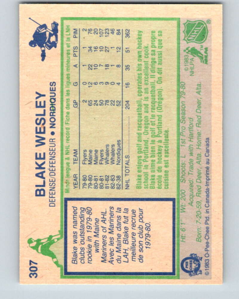 1983-84 O-Pee-Chee #307 Blake Wesley UER Quebec Nordiques V27750
