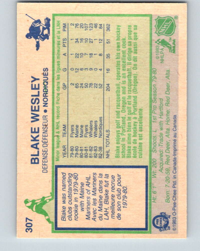 1983-84 O-Pee-Chee #307 Blake Wesley UER Quebec Nordiques V27751