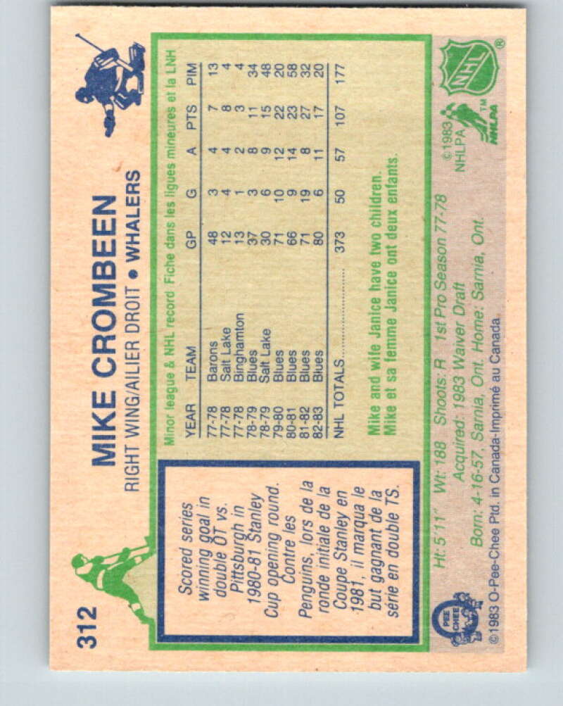 1983-84 O-Pee-Chee #312 Mike Crombeen RC Rookie Whalers V27766