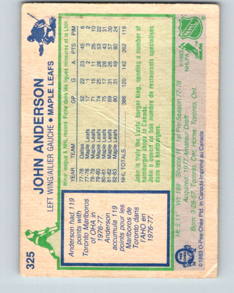 1983-84 O-Pee-Chee #325 John Anderson Toronto Maple Leafs V27812