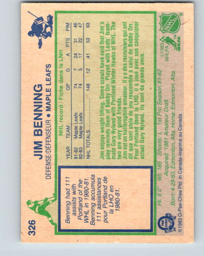 1983-84 O-Pee-Chee #326 Jim Benning Toronto Maple Leafs V27813
