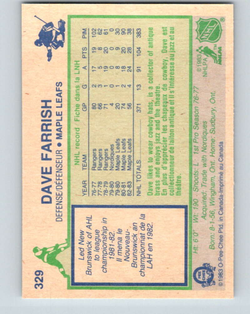 1983-84 O-Pee-Chee #329 Dave Farrish Toronto Maple Leafs V27824