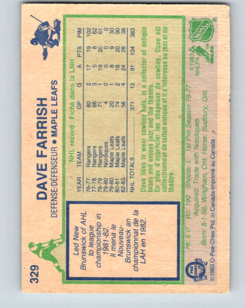 1983-84 O-Pee-Chee #329 Dave Farrish Toronto Maple Leafs V27825