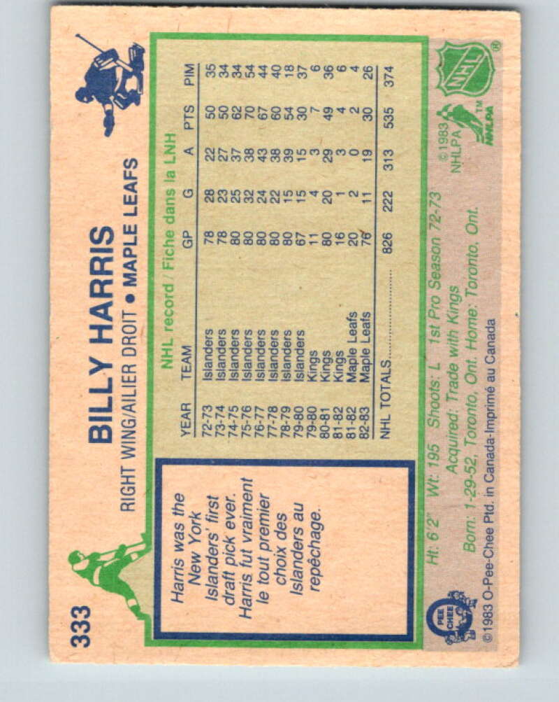 1983-84 O-Pee-Chee #333 Billy Harris Toronto Maple Leafs V27836